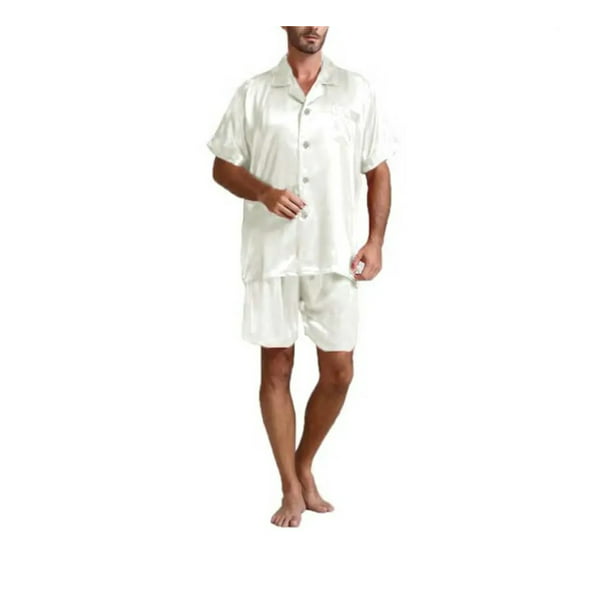 Silk Satin Men Pajamas Sets Soft Sleepwear Short Sleeve Tops and Shorts 